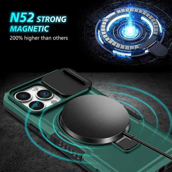 For iPhone 13 Pro Sliding Camshield Magsafe Holder TPU Hybrid PC Phone Case(Deep Green)