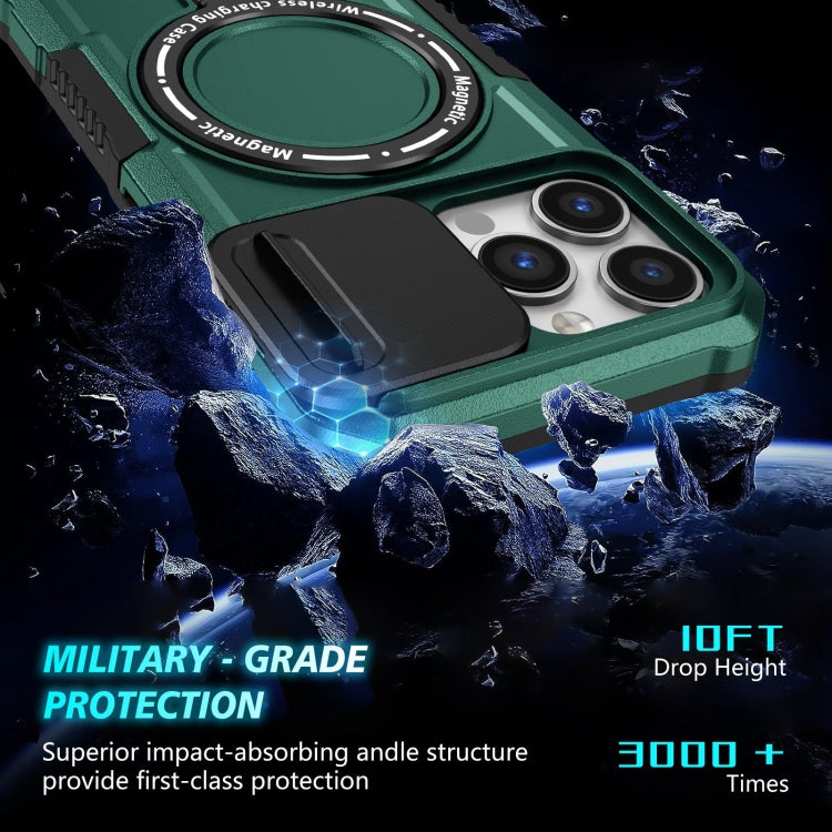 For iPhone 13 Pro Sliding Camshield Magsafe Holder TPU Hybrid PC Phone Case(Deep Green)