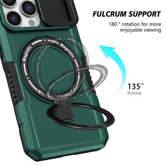 For iPhone 13 Pro Sliding Camshield Magsafe Holder TPU Hybrid PC Phone Case(Deep Green)
