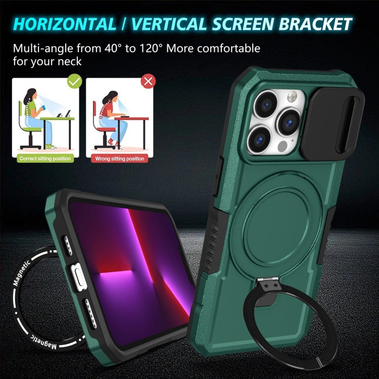 For iPhone 13 Pro Sliding Camshield Magsafe Holder TPU Hybrid PC Phone Case(Deep Green)