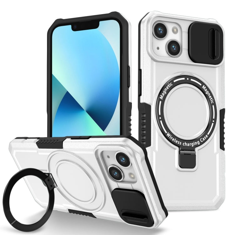 For iPhone 13 Sliding Camshield Magsafe Holder TPU Hybrid PC Phone Case(Black White)