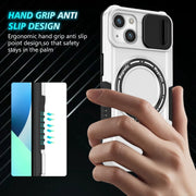 For iPhone 13 Sliding Camshield Magsafe Holder TPU Hybrid PC Phone Case(Black White)