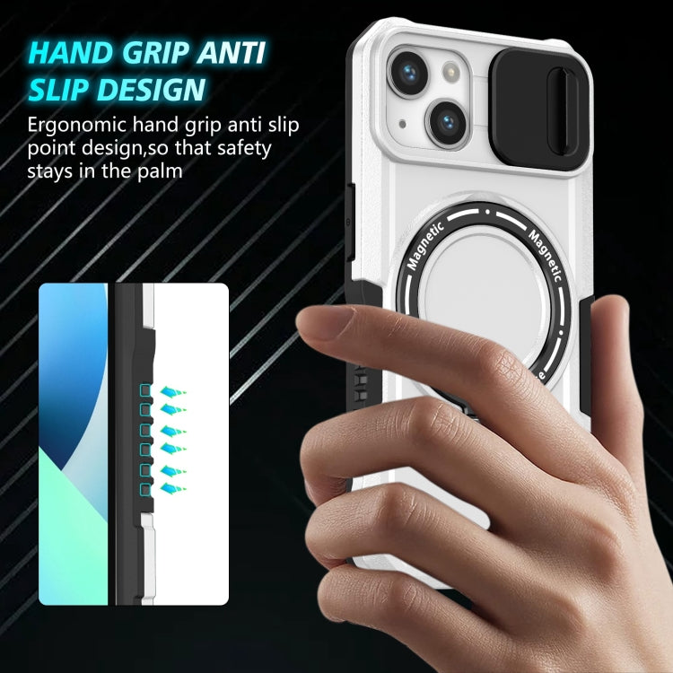 For iPhone 13 Sliding Camshield Magsafe Holder TPU Hybrid PC Phone Case(Black White)