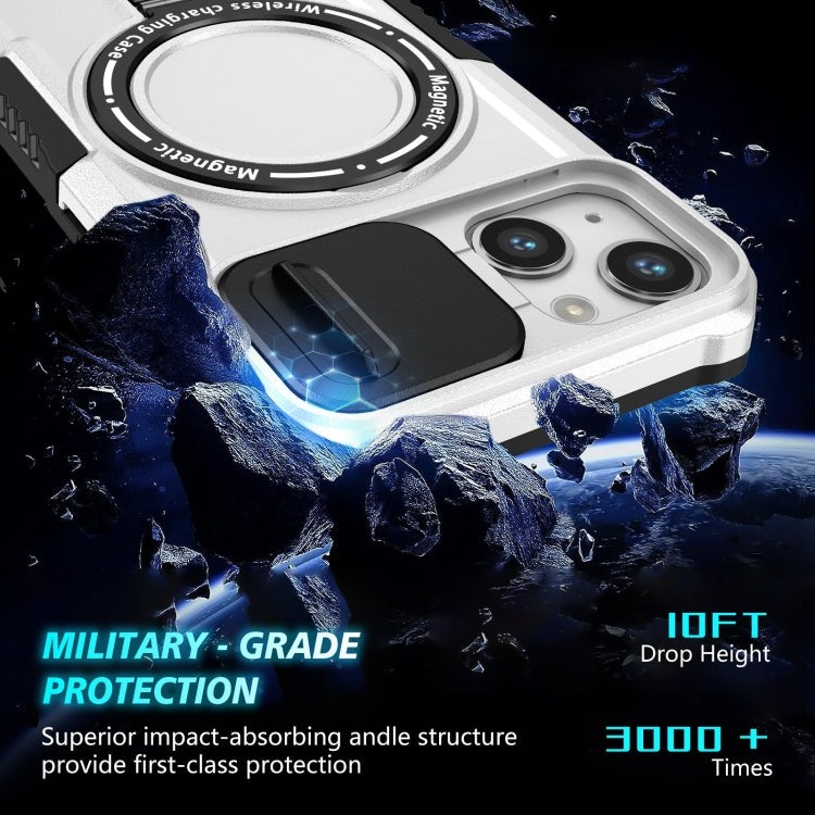For iPhone 13 Sliding Camshield Magsafe Holder TPU Hybrid PC Phone Case(Black White)
