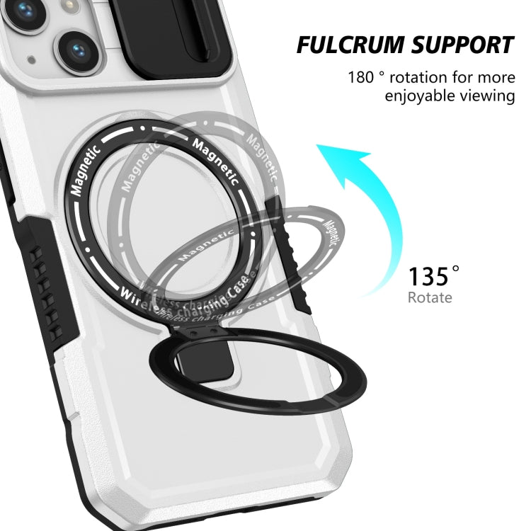 For iPhone 13 Sliding Camshield Magsafe Holder TPU Hybrid PC Phone Case(Black White)