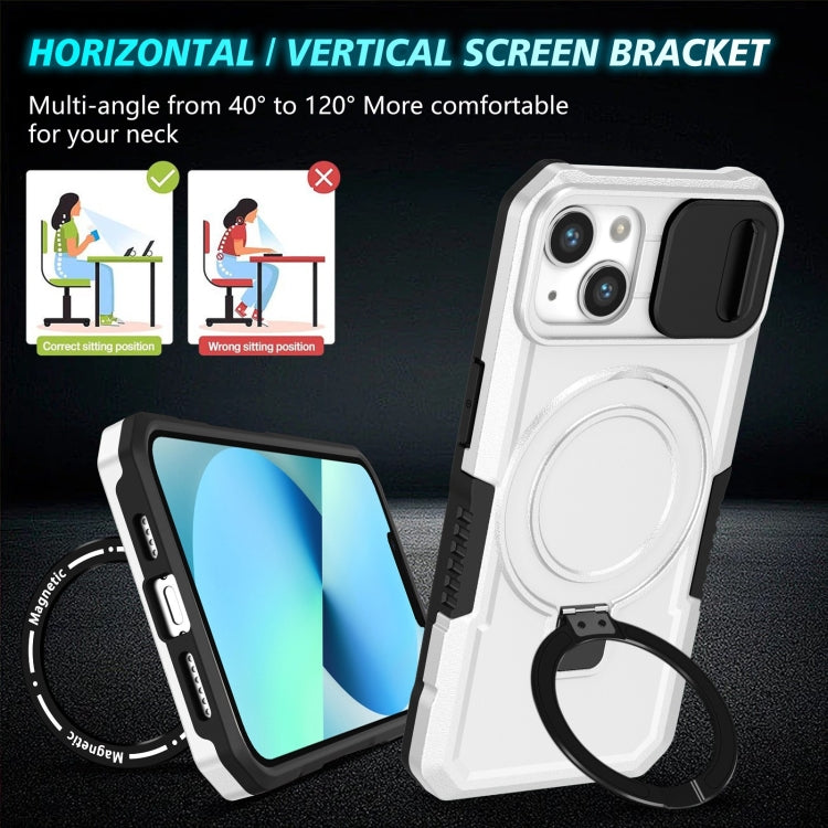 For iPhone 13 Sliding Camshield Magsafe Holder TPU Hybrid PC Phone Case(Black White)