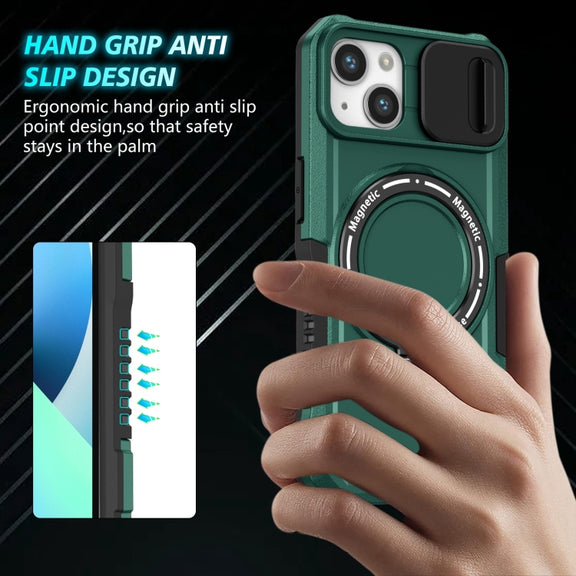For iPhone 13 Sliding Camshield Magsafe Holder TPU Hybrid PC Phone Case(Deep Green)