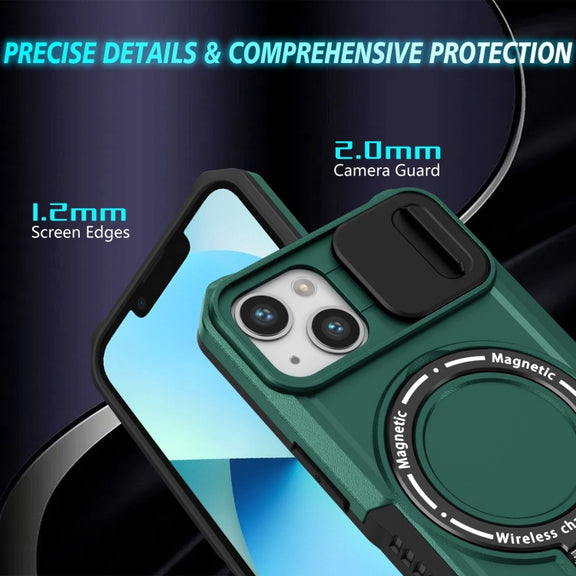 For iPhone 13 Sliding Camshield Magsafe Holder TPU Hybrid PC Phone Case(Deep Green)