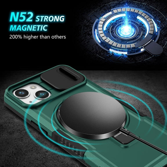 For iPhone 13 Sliding Camshield Magsafe Holder TPU Hybrid PC Phone Case(Deep Green)