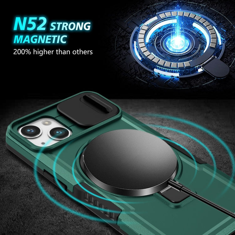 For iPhone 13 Sliding Camshield Magsafe Holder TPU Hybrid PC Phone Case(Deep Green)