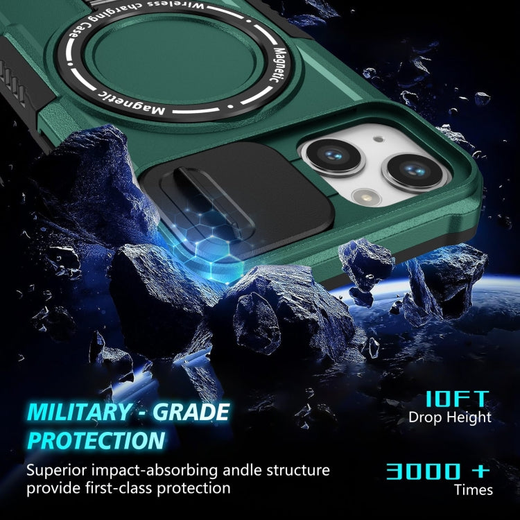 For iPhone 13 Sliding Camshield Magsafe Holder TPU Hybrid PC Phone Case(Deep Green)