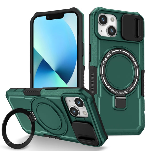 For iPhone 13 Sliding Camshield Magsafe Holder TPU Hybrid PC Phone Case(Deep Green)