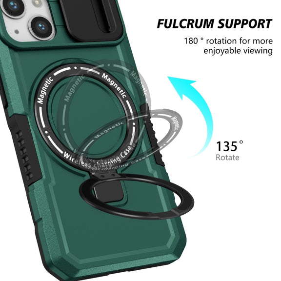 For iPhone 13 Sliding Camshield Magsafe Holder TPU Hybrid PC Phone Case(Deep Green)