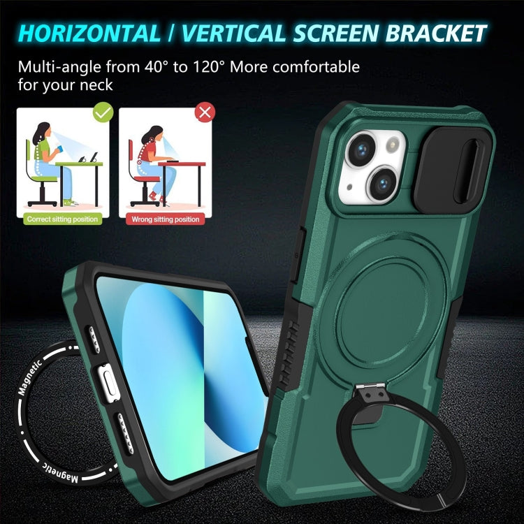 For iPhone 13 Sliding Camshield Magsafe Holder TPU Hybrid PC Phone Case(Deep Green)
