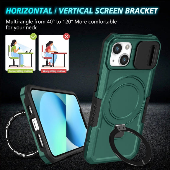 For iPhone 13 Sliding Camshield Magsafe Holder TPU Hybrid PC Phone Case(Deep Green)