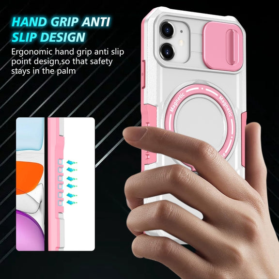 For iPhone 12 Sliding Camshield Magsafe Holder TPU Hybrid PC Phone Case(Pink White)