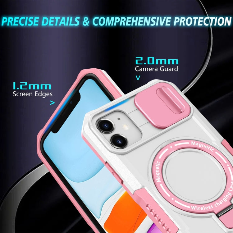 For iPhone 12 Sliding Camshield Magsafe Holder TPU Hybrid PC Phone Case(Pink White)