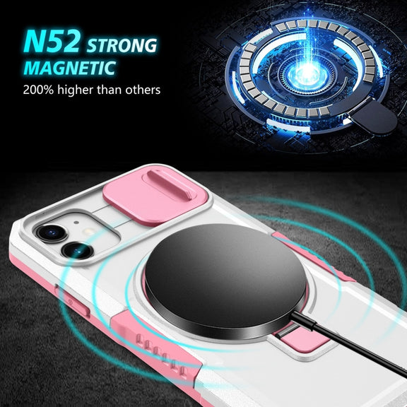 For iPhone 12 Sliding Camshield Magsafe Holder TPU Hybrid PC Phone Case(Pink White)