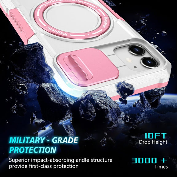 For iPhone 12 Sliding Camshield Magsafe Holder TPU Hybrid PC Phone Case(Pink White)