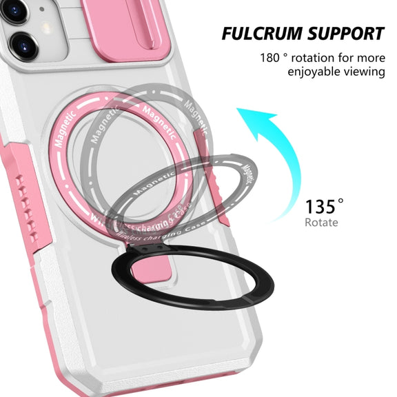 For iPhone 12 Sliding Camshield Magsafe Holder TPU Hybrid PC Phone Case(Pink White)