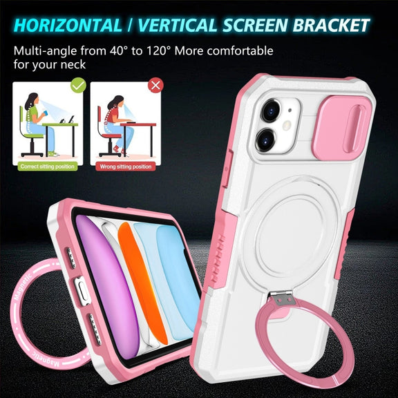 For iPhone 12 Sliding Camshield Magsafe Holder TPU Hybrid PC Phone Case(Pink White)