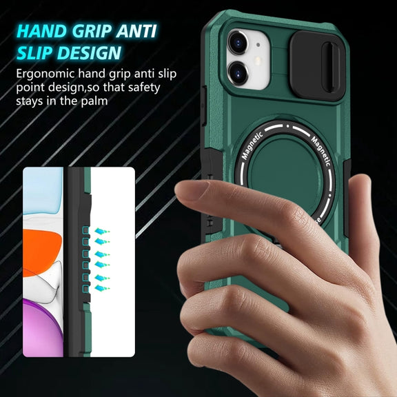 For iPhone 12 Sliding Camshield Magsafe Holder TPU Hybrid PC Phone Case(Deep Green)