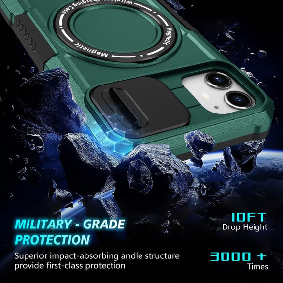 For iPhone 12 Sliding Camshield Magsafe Holder TPU Hybrid PC Phone Case(Deep Green)