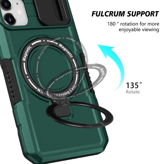 For iPhone 12 Sliding Camshield Magsafe Holder TPU Hybrid PC Phone Case(Deep Green)