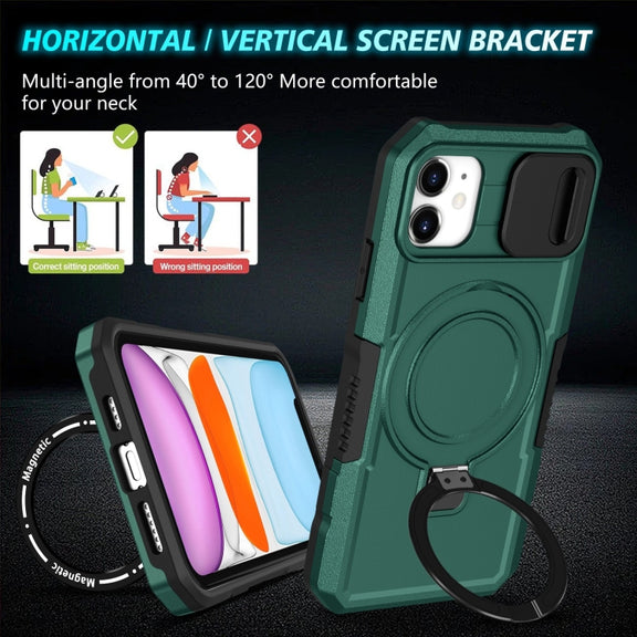 For iPhone 12 Sliding Camshield Magsafe Holder TPU Hybrid PC Phone Case(Deep Green)