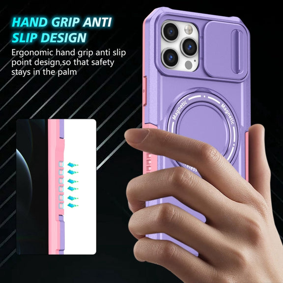 For iPhone 12 Pro Max Sliding Camshield Magsafe Holder TPU Hybrid PC Phone Case(Pink Purple)