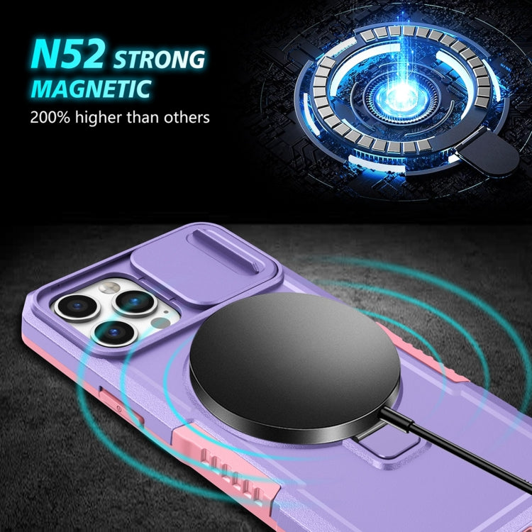 For iPhone 12 Pro Max Sliding Camshield Magsafe Holder TPU Hybrid PC Phone Case(Pink Purple)