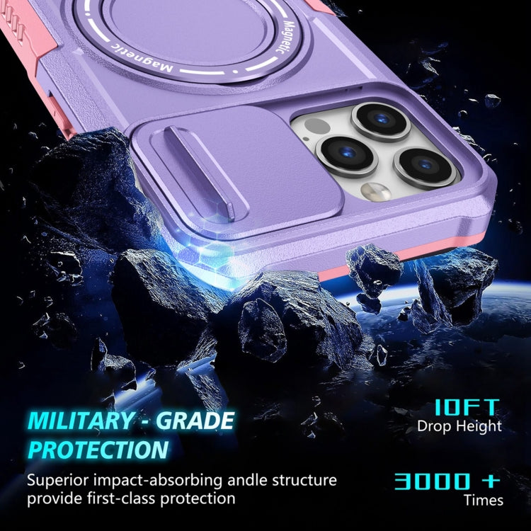 For iPhone 12 Pro Max Sliding Camshield Magsafe Holder TPU Hybrid PC Phone Case(Pink Purple)