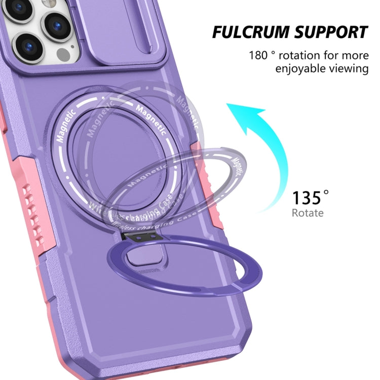 For iPhone 12 Pro Max Sliding Camshield Magsafe Holder TPU Hybrid PC Phone Case(Pink Purple)