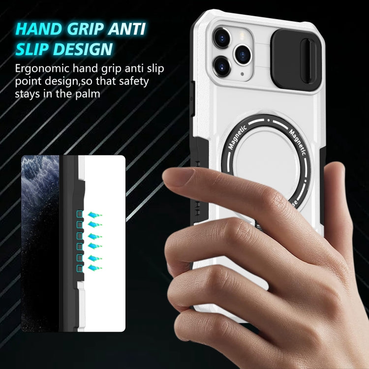 For iPhone 11 Pro Max Sliding Camshield Magsafe Holder TPU Hybrid PC Phone Case(Black White)
