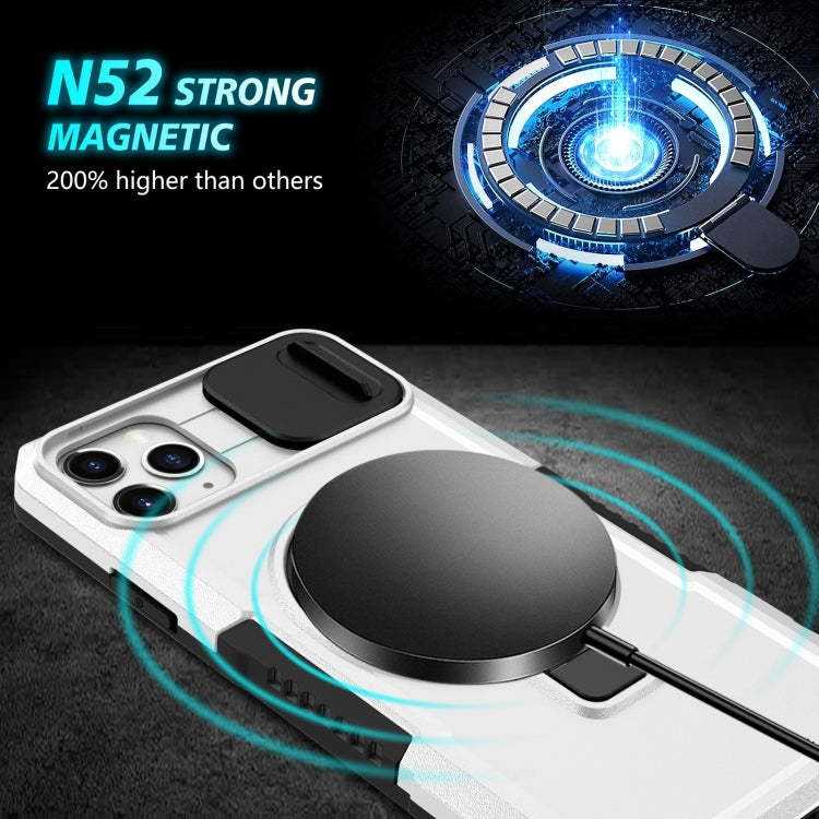 For iPhone 11 Pro Max Sliding Camshield Magsafe Holder TPU Hybrid PC Phone Case(Black White)