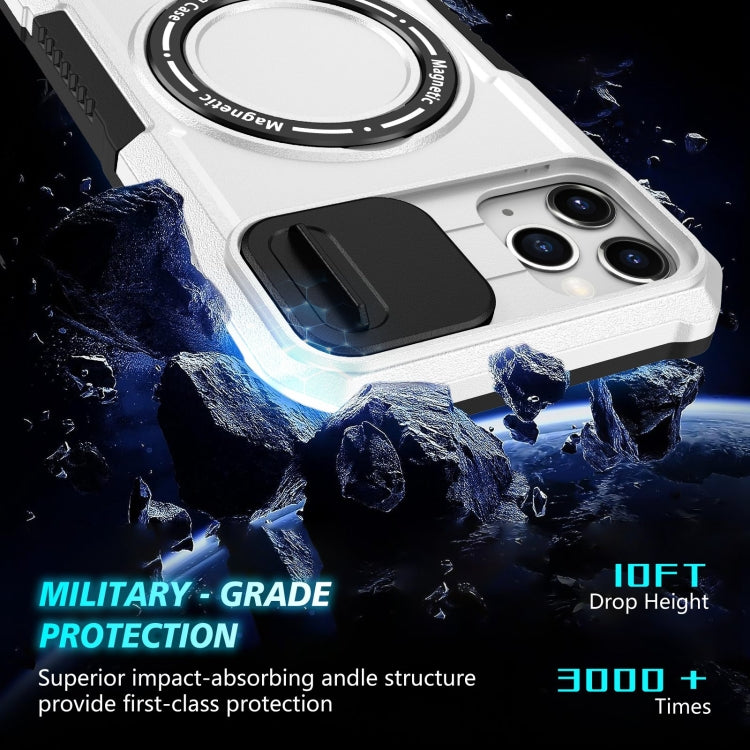 For iPhone 11 Pro Max Sliding Camshield Magsafe Holder TPU Hybrid PC Phone Case(Black White)