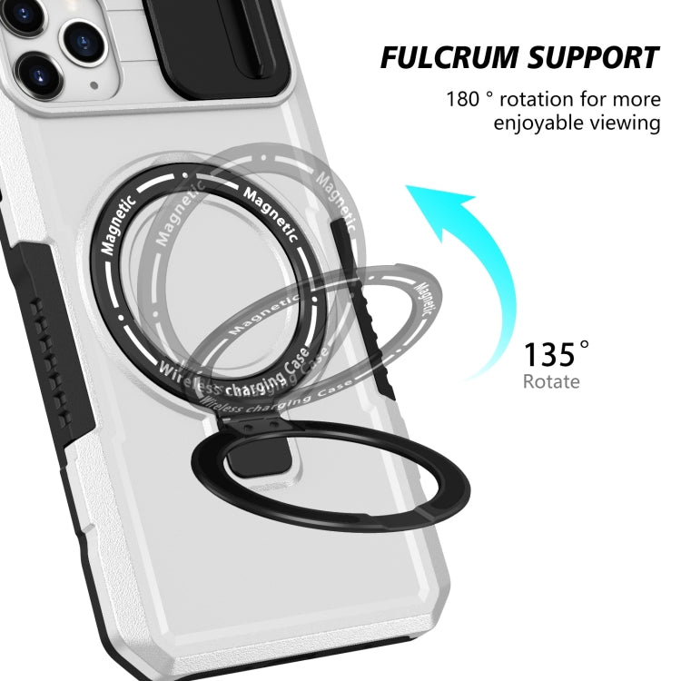 For iPhone 11 Pro Max Sliding Camshield Magsafe Holder TPU Hybrid PC Phone Case(Black White)
