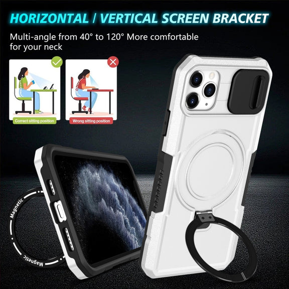 For iPhone 11 Pro Max Sliding Camshield Magsafe Holder TPU Hybrid PC Phone Case(Black White)