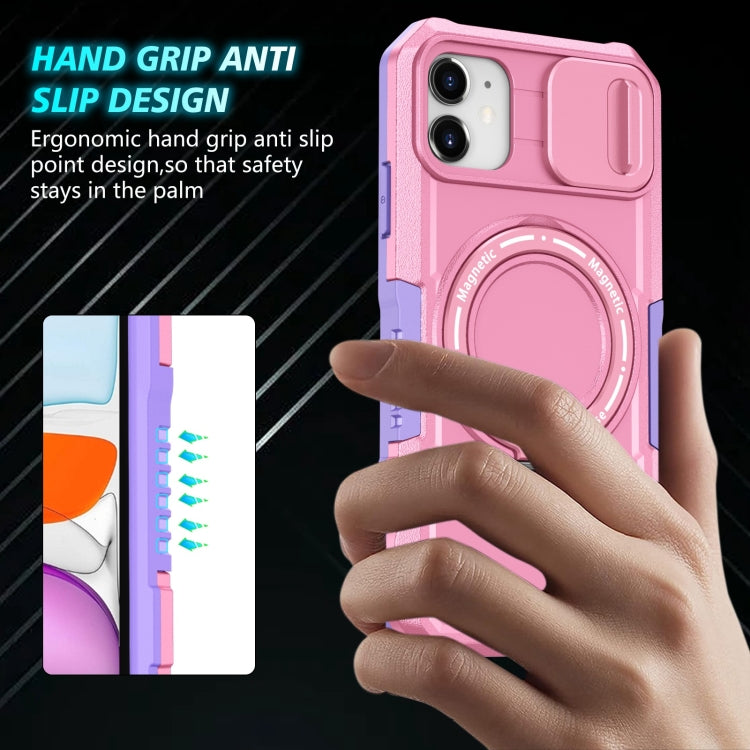 For iPhone 11 Sliding Camshield Magsafe Holder TPU Hybrid PC Phone Case(Purple Pink)