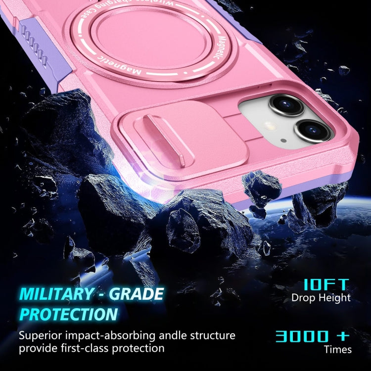 For iPhone 11 Sliding Camshield Magsafe Holder TPU Hybrid PC Phone Case(Purple Pink)