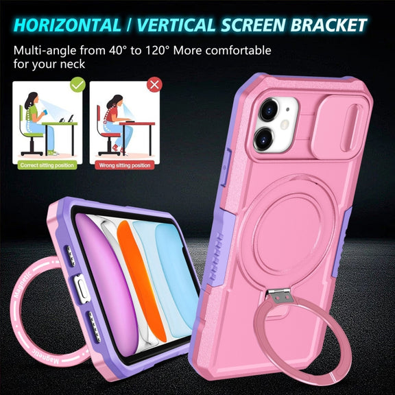 For iPhone 11 Sliding Camshield Magsafe Holder TPU Hybrid PC Phone Case(Purple Pink)