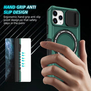 For iPhone 11 Pro Sliding Camshield Magsafe Holder TPU Hybrid PC Phone Case(Deep Green)