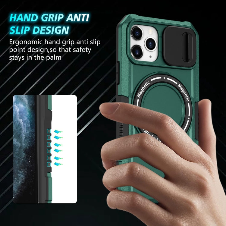 For iPhone 11 Pro Sliding Camshield Magsafe Holder TPU Hybrid PC Phone Case(Deep Green)