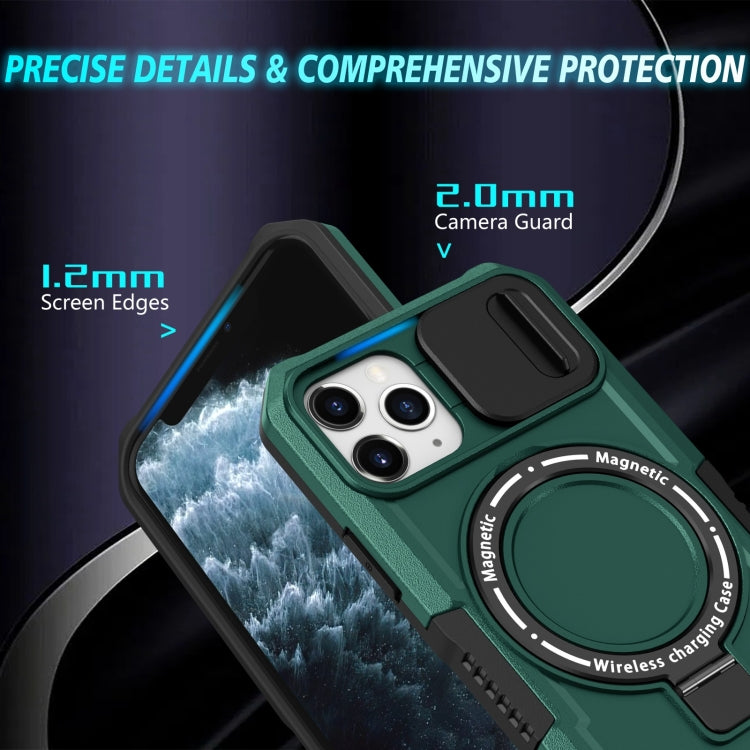 For iPhone 11 Pro Sliding Camshield Magsafe Holder TPU Hybrid PC Phone Case(Deep Green)