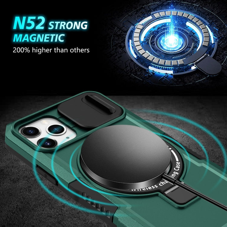 For iPhone 11 Pro Sliding Camshield Magsafe Holder TPU Hybrid PC Phone Case(Deep Green)