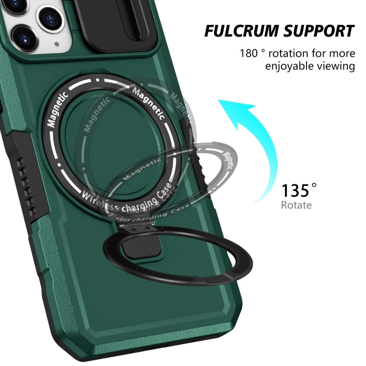 For iPhone 11 Pro Sliding Camshield Magsafe Holder TPU Hybrid PC Phone Case(Deep Green)