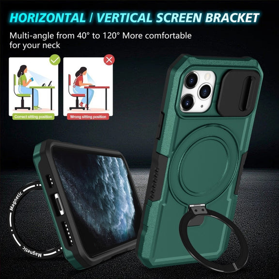 For iPhone 11 Pro Sliding Camshield Magsafe Holder TPU Hybrid PC Phone Case(Deep Green)
