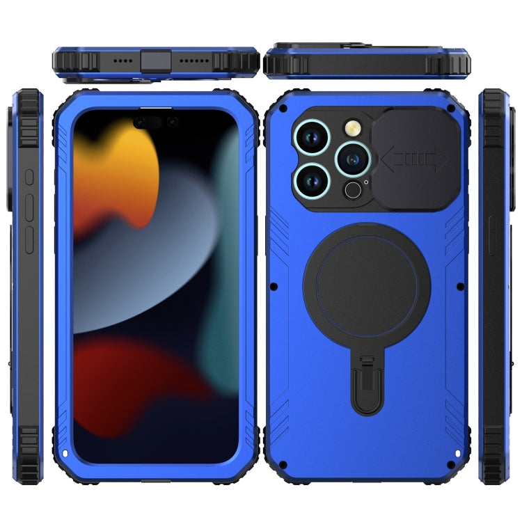 For iPhone 15 Pro Max Camera Shield MagSafe Holder Life Water-resistant Phone Case(Blue)