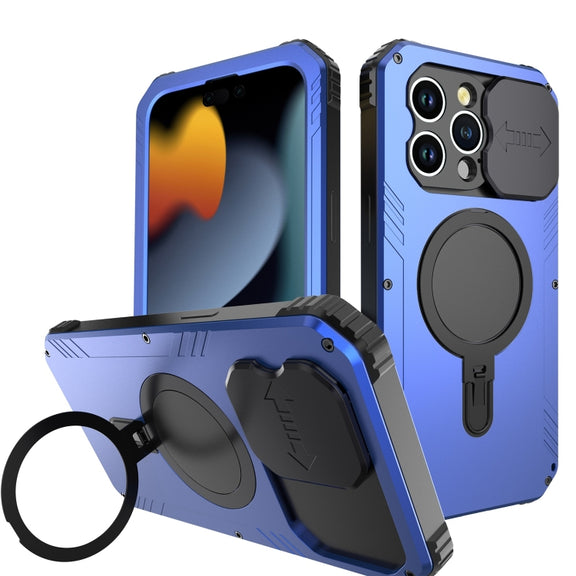For iPhone 15 Pro Max Camera Shield MagSafe Holder Life Water-resistant Phone Case(Blue)