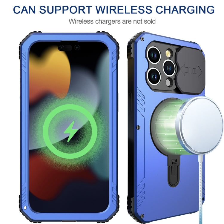 For iPhone 15 Pro Max Camera Shield MagSafe Holder Life Water-resistant Phone Case(Blue)